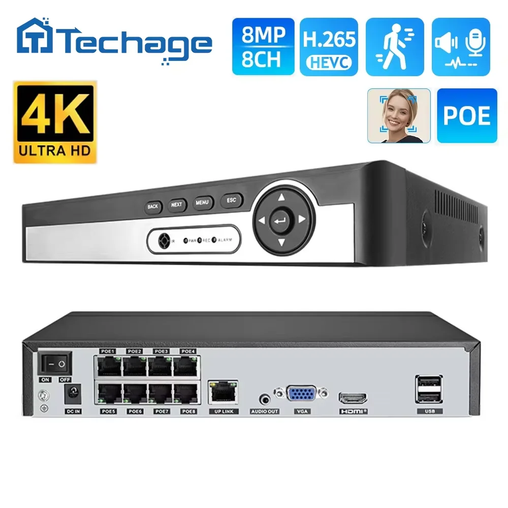 

Techage 8CH 4K PoE NVR H.265 8MP 5MP 4MP Network Video Recorder 2Way Audio For Surveillance System Face Tracking Security Camera