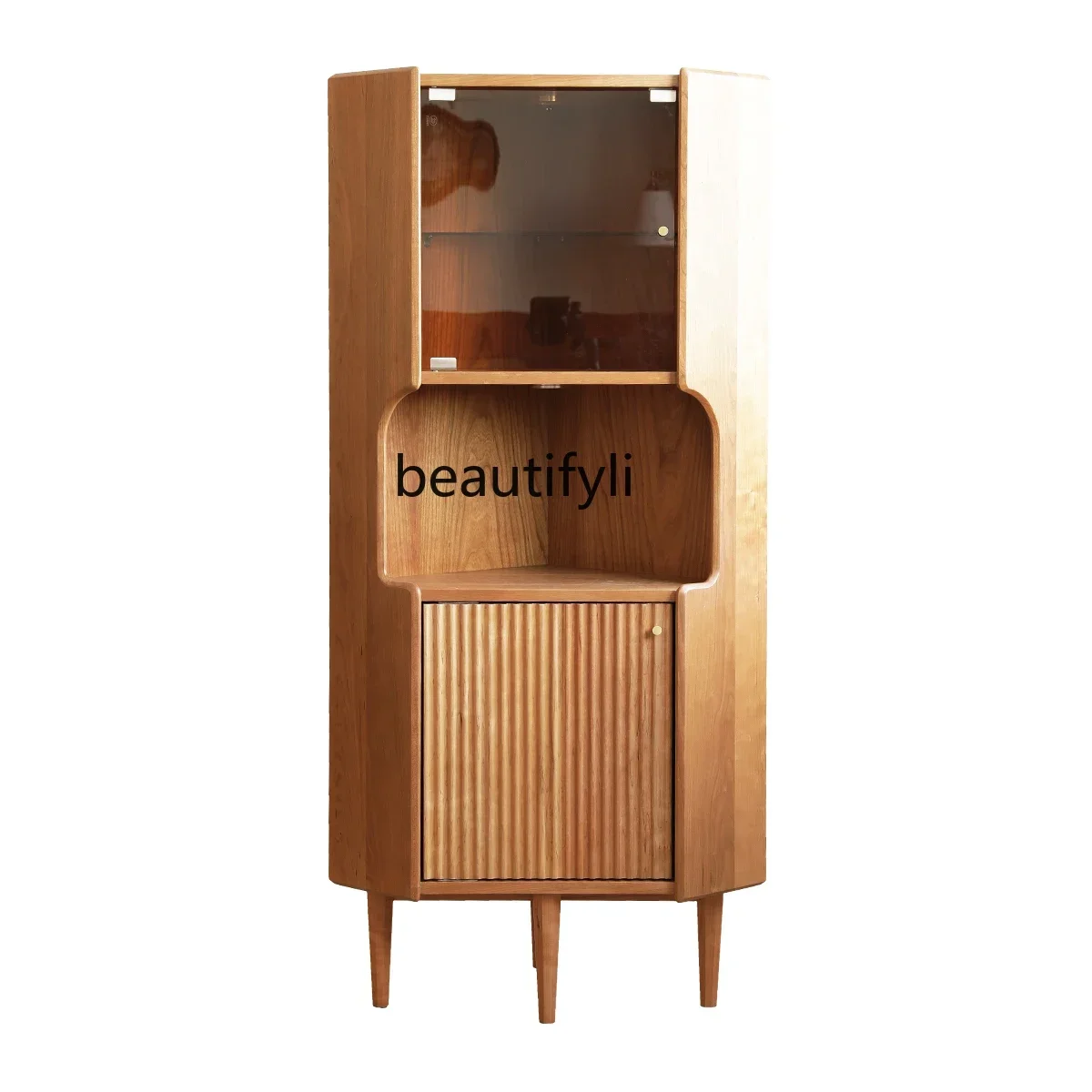 

FG10Solid Wood Corner Cabinet Nordic Retro Corner Triangle Glass Storage Rack Living Room Five-Corner Side Cabinet