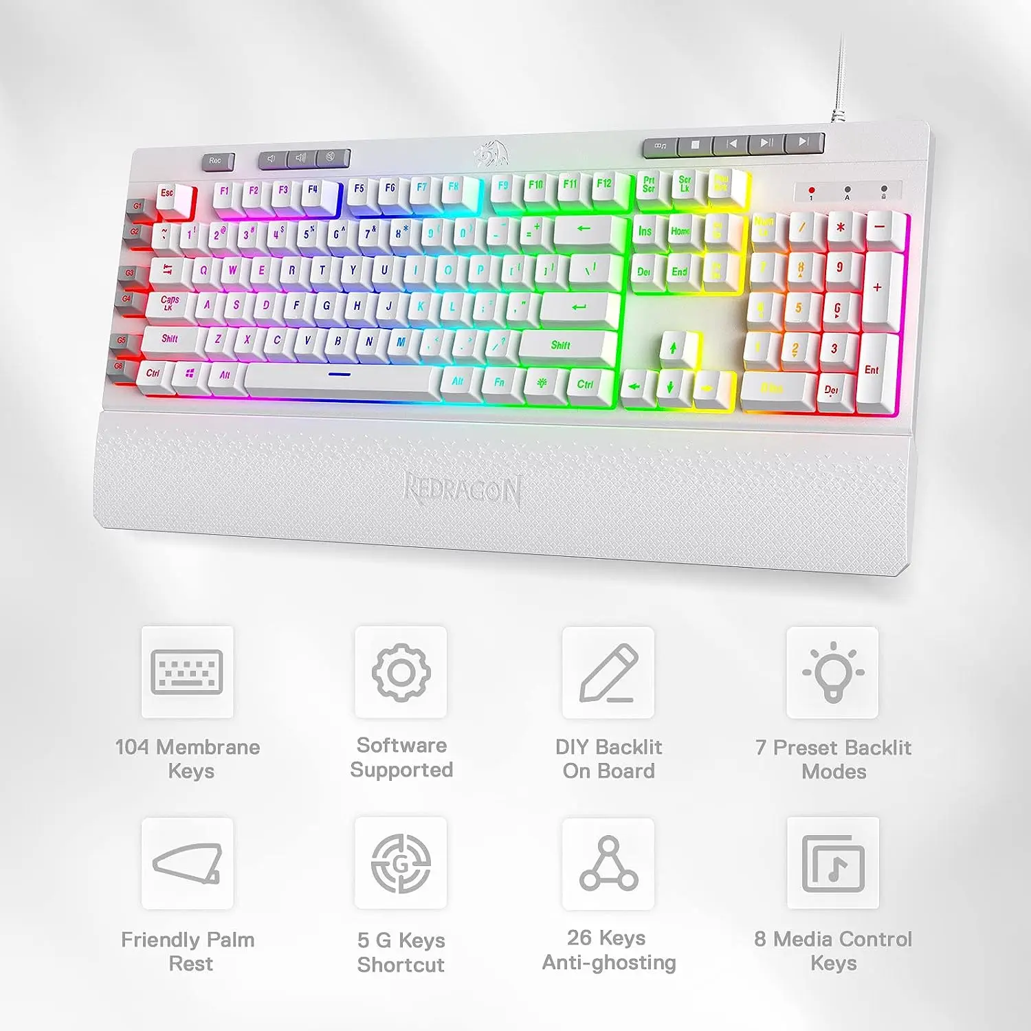 Redragon K512 Shiva RGB Backlit Membrane Gaming Wired Keyboard, Linear Mechanical-Feel Switch, Detachable Wrist Rest