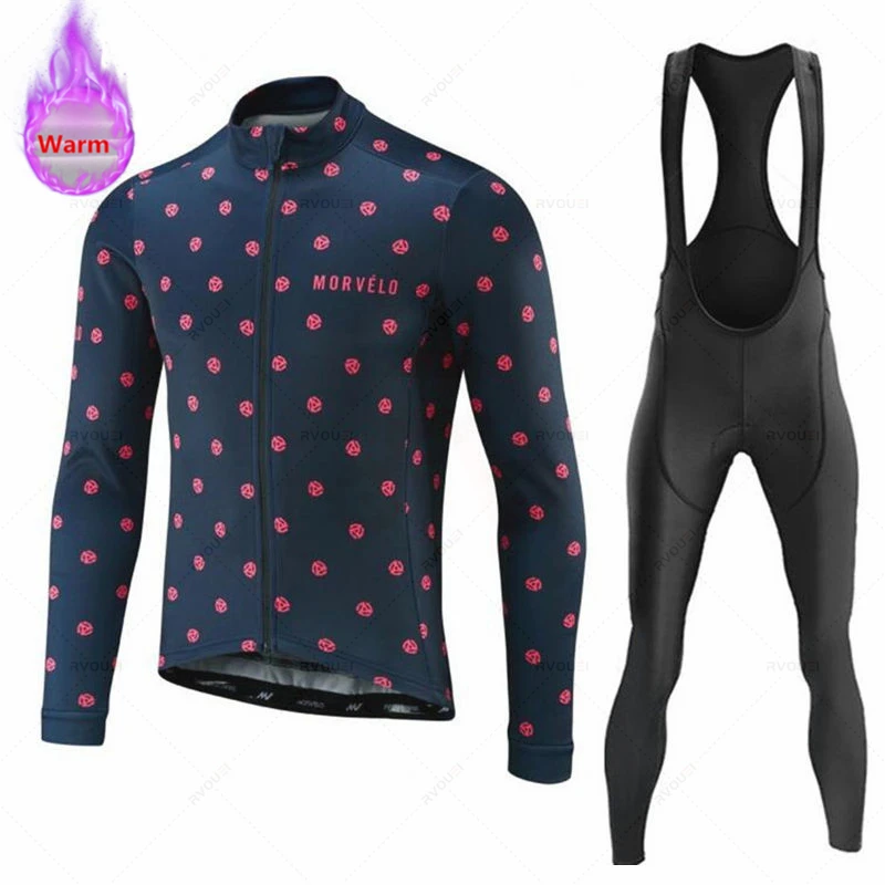 Morvelo 2023 Winter Warm Fleece Cycling Jersey Bib Trousers Set Ropa Ciclismo Hombre Invierno Bicycle Men's Suits Bike Clothing