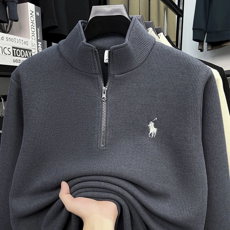 سترة بغطاء للرأس سميكة من القطيفة بسحاب نصف ارتفاع للرجال في الخريف والشتاء، سترة بغطاء للرأس بشعار حصان مطرز مضاد للبيلينغ