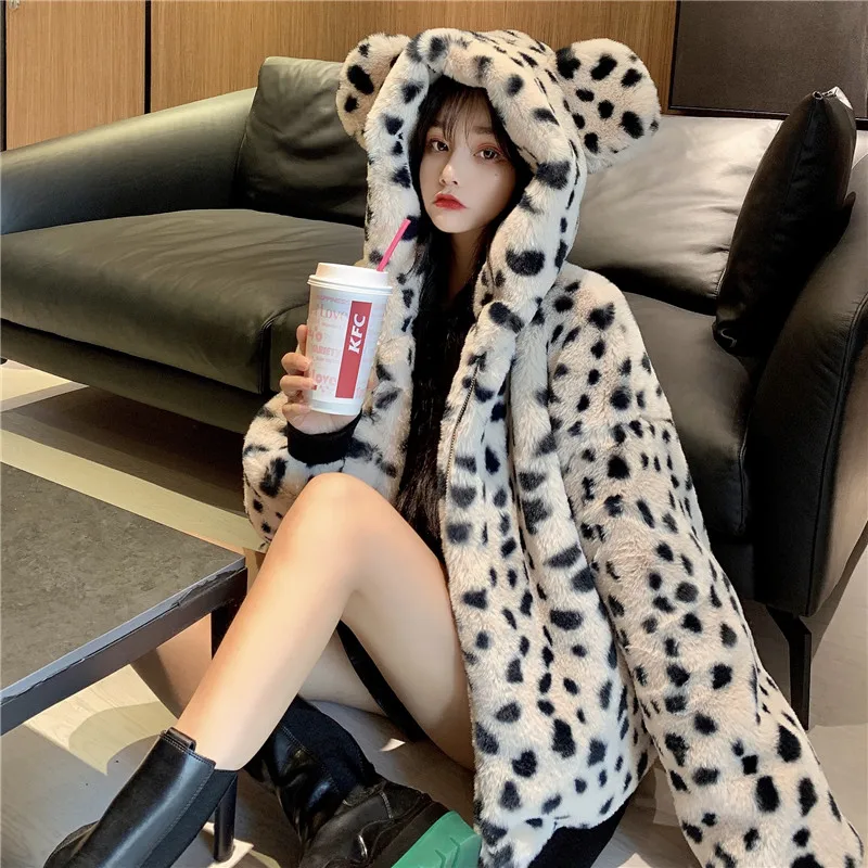 

Winter Spring Imitation Rex Rabbit Fur Coat Grass Leopard Print Young Hooded Bear Ears Cute Plush Fashion Sexy Overcoat Female