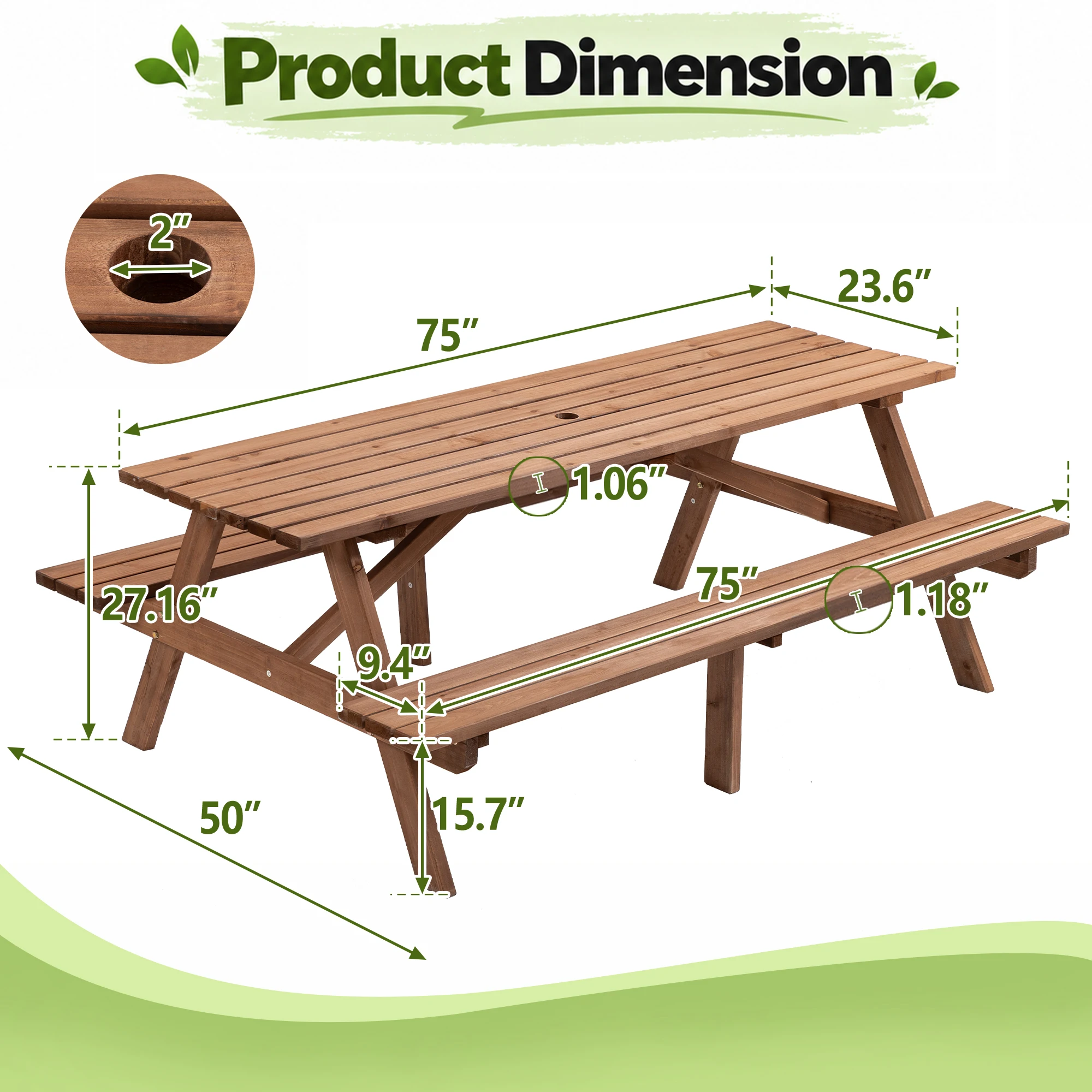 2200LBS Capacity 190cm  Wooden Picnic Table Solid Wood 4-8 Person Outdoor Dining Table with Umbrella Hole for Patio Garden Backyard BBQ