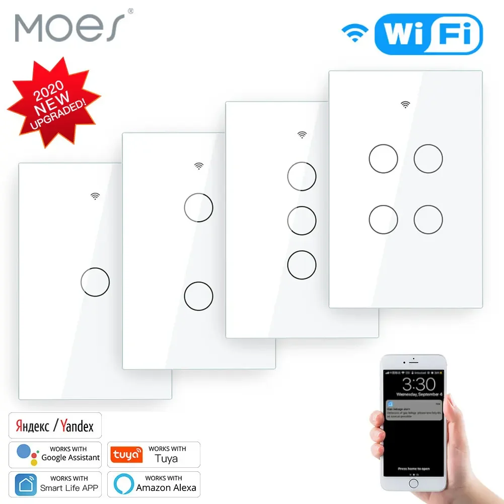 

Moes Tuya Wi-Fi Smart Glass Panel Switch США 1-4 Gang Smart Light Switch Smart Life App Control, Голосовое управление Alexa, Google Home