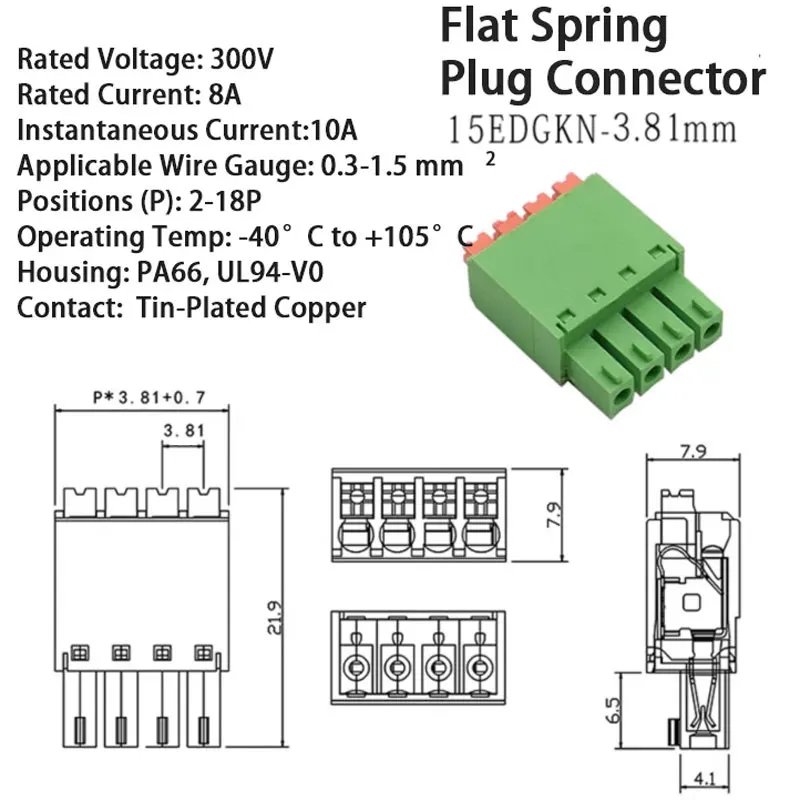 3.81mmFlat Spring-Loaded Connector Kit | Industrial 15EDGKNP Series 2-24P|Precision Equipment & IoT Devices|PA66 Flame Retardant