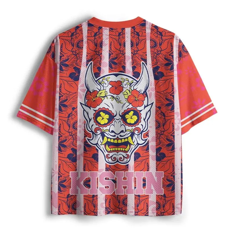 Colorful Sugar Skeleton Flower Mesh V-neck Jersey Day of The Dead Theme Printed Street Style Unisex