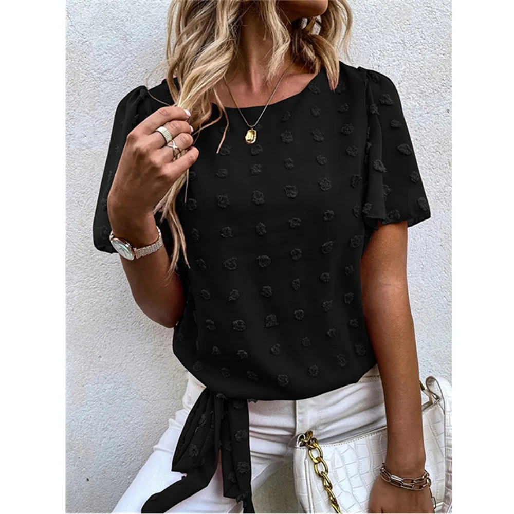 Zomer Blouses Voor Vrouwen 2022 Mode Jacquard O Hals Korte Mouwen Elegant Office Work Lady Shirt Casual Strapping Chiffon Tops