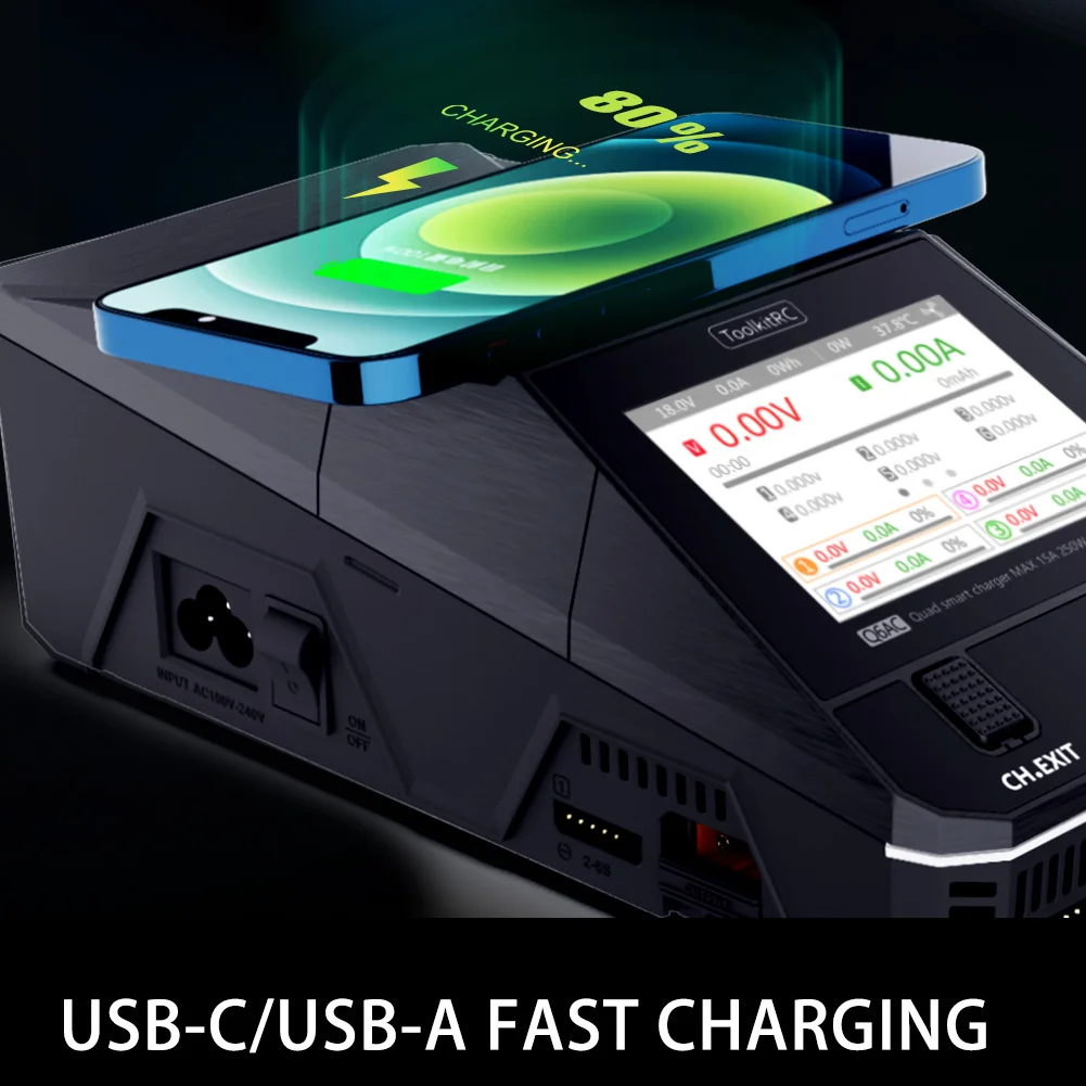 ToolkitRC Q6AC Charger AC 400W / DC 1000W 4CH output Built-in 65W USB Output 15W Wireless Charger for LiPo NiMH PB battery