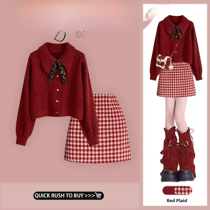 

Retro Bow Tie Design Cardigan Sweater Women's Autumn Winter Plaid Woolen Skirt Set Long Sve Turn-down Collar Knitted Coat