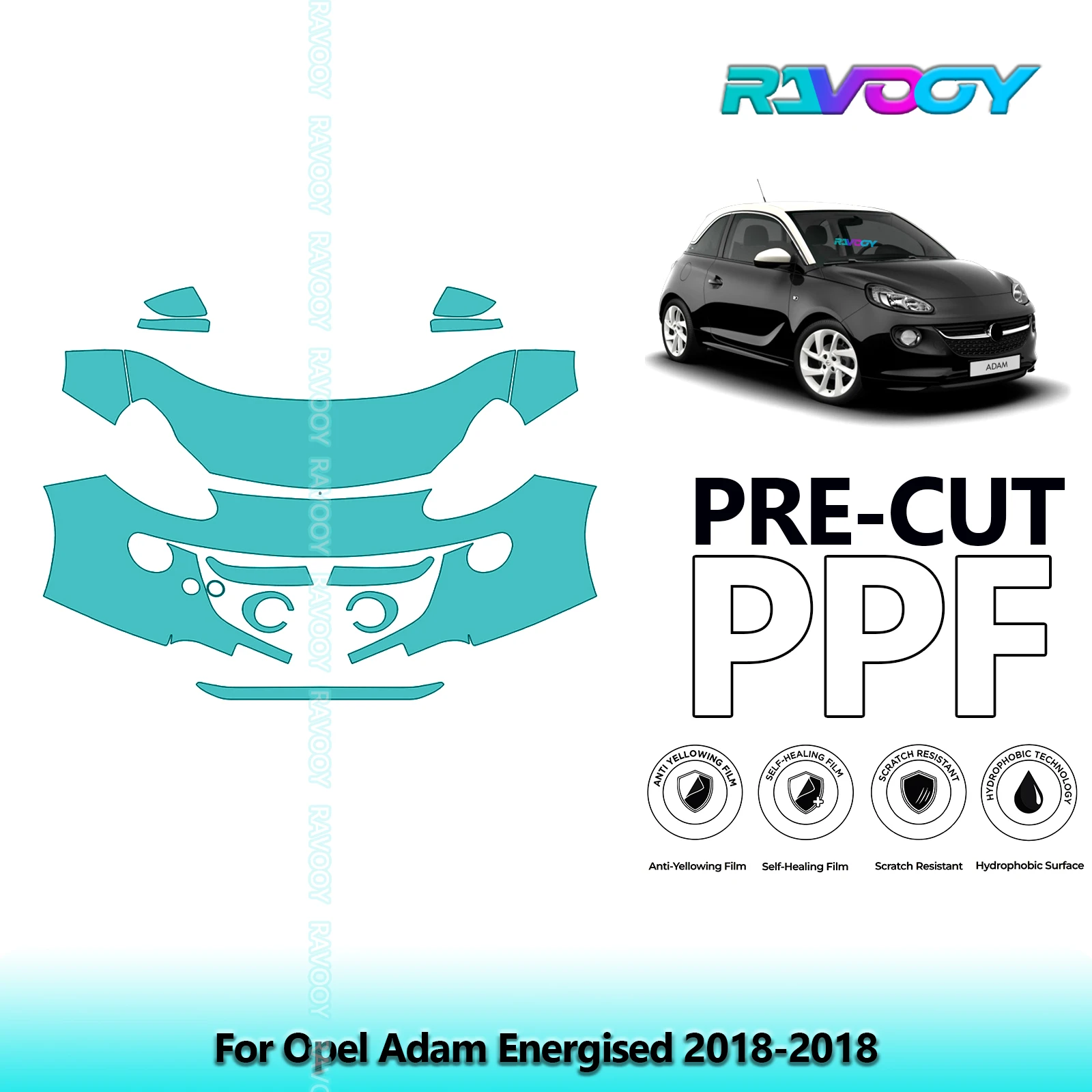 Для Opel Adam Energised 2018-2018: Частичная защитная пленка PPF (8.5 mil) для передней части кузова, предварительно вырезанная, прозрачная/матовая/черная, комплект.