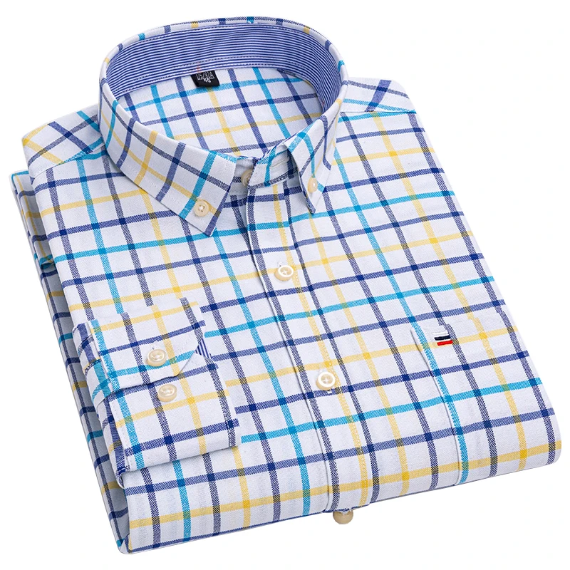 Plaid Shirt For Men Oversize Long Sleeve Slim Fit Casual Dress Shirts Four Seasons Cotton Oxford New Fashion Korean Men Clothing