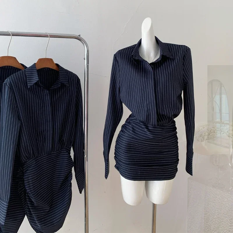 

Women's Striped ShirtDress Vintage Long Sleeve Mini Evening Dresses Y2k Elegant Ladies Party Club One Piece Frocks Clothes 2024