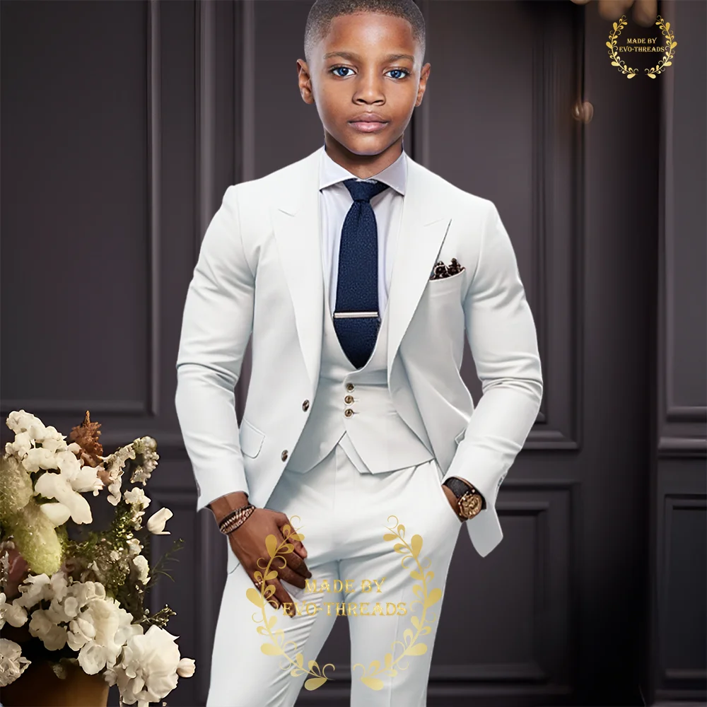 Boys Suit brilliant white 3-piece set (jacket+vest+pants) classic peak lapel blazer for wedding pageboy prom dinner Easter party