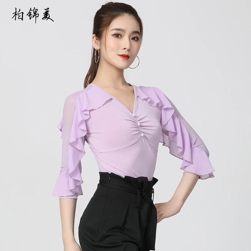 Latin Dance Top Female Adult New Lotus Leaf Sleeve Costume Ballroom Dance Modern Dance Performance Ballroom Dance Practice Dress