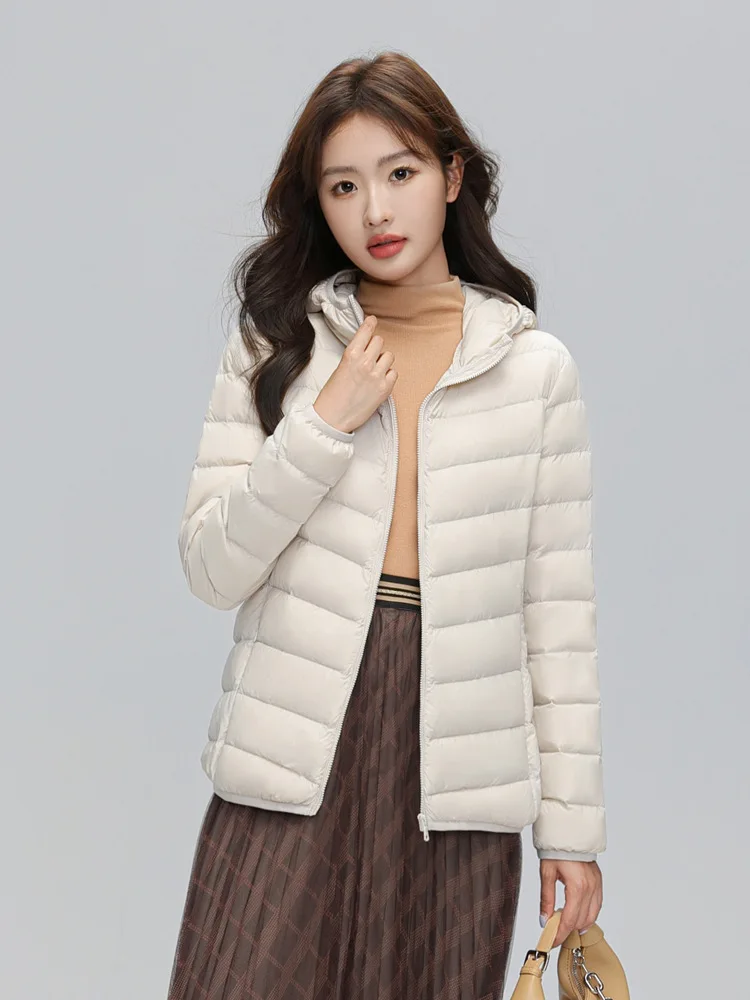Lightweight Packable Hooded Down Jacket Women Autumn Winter 90% Down Fill Base Layer Jacket Female Solid Color Casual Down Coats