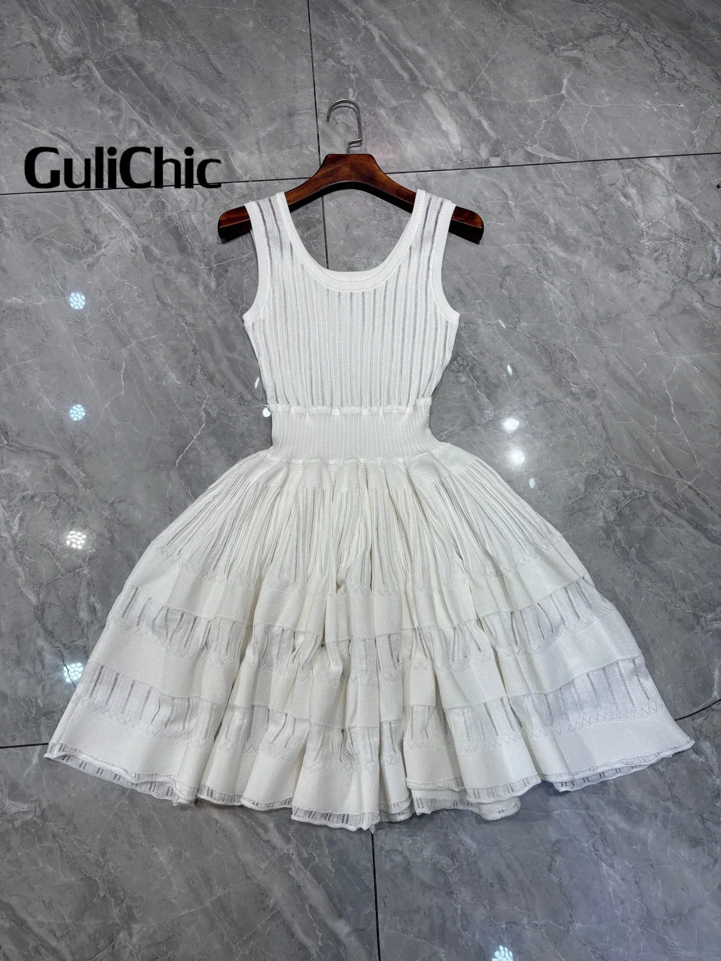 5.11 GuliChic 2024 New Arrives Women\'s Sweet Fashion Openwork Crinoline U-Neck Sleeveless High Waist Slim Elegant Mini Dress