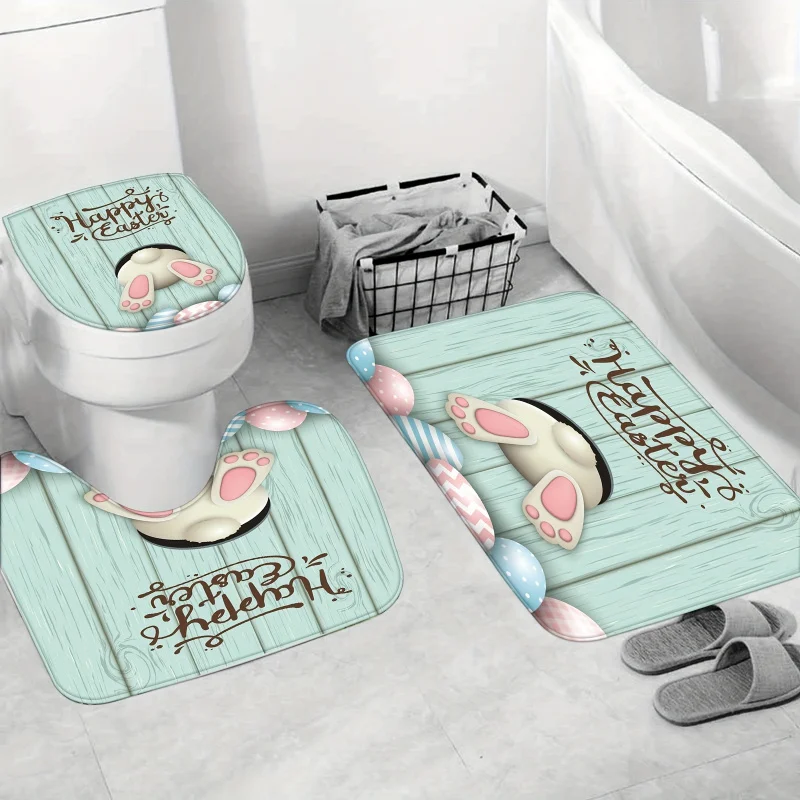 1/4PCs rabbit egg wooden board printed shower set, waterproof curtain with hooks, non-slip bathroom rug, U-shaped mat, T