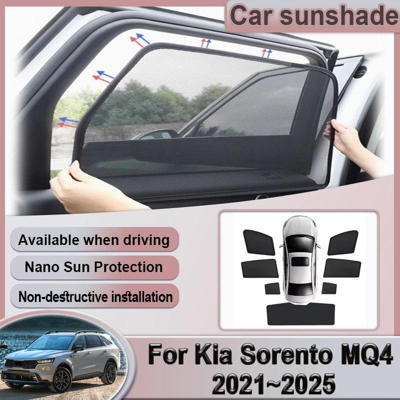 Car Mesh Sunshade For Kia Sorento Accessories MQ4 MK4 2021 2022 2023 2024 2025 Window Magnetic Visor Sunshades Curtain Stickers