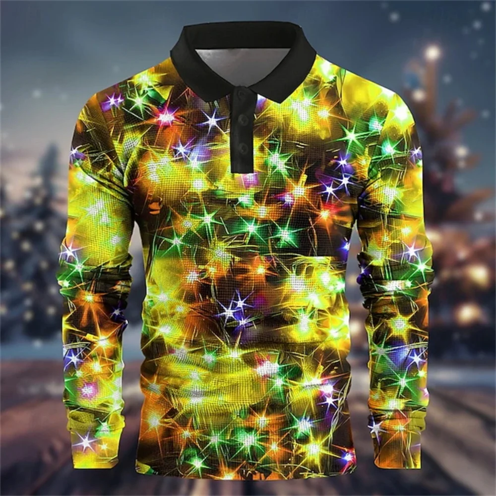 جديد ثلاثية الأبعاد طباعة الرجال عيد الميلاد ضوء الجرافيك قمصان بولو كم طويل حفلة سنوات جديدة قمصان بولو رجالي زر طوق تيز القمم #3