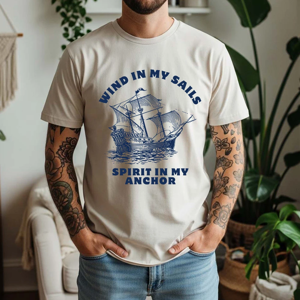 New Summer Men's 100% Pure Cotton T-Shirt Wind In My Sails Nautical Retro Style Casual Tee Breathable Short Sleeve
