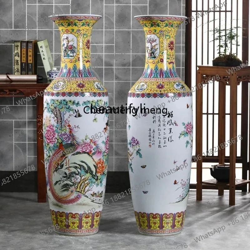 Pottery Famille Rose Hand Drawning Peacock Vase Decoration Floor Large Vase Hotel Living Room Home Decorations X