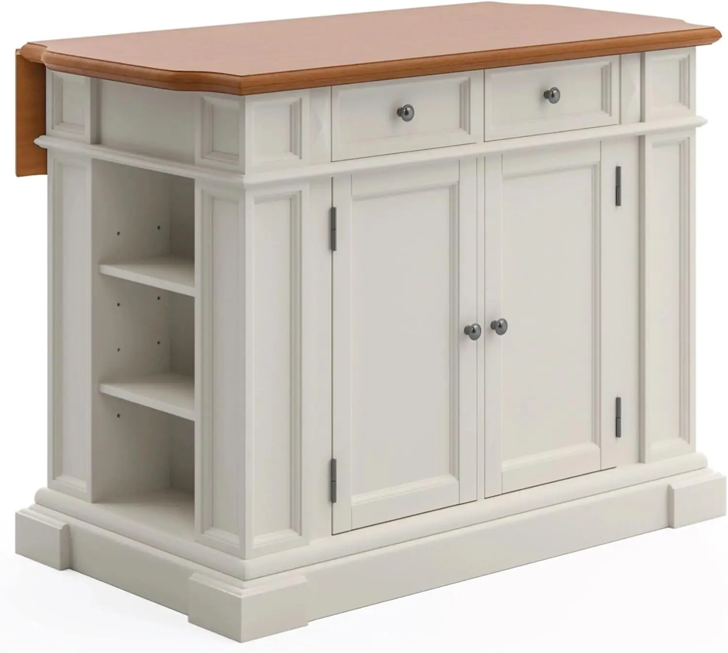 Americana Kitchen Island with Wood Top and Drop Leaf Breakfast Bar, Storage with Drawers and Adjustable Shelves