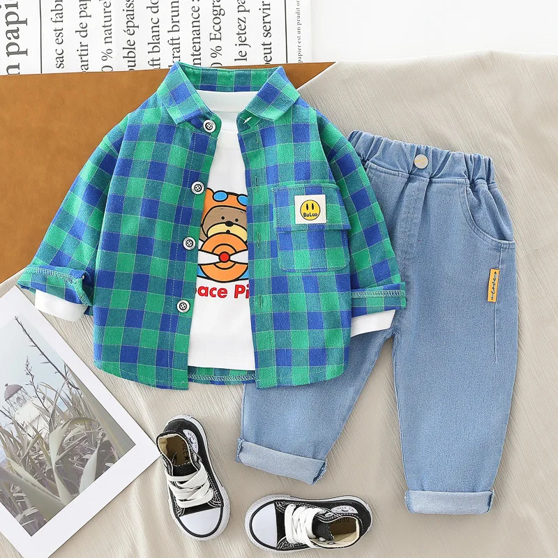 2023 New Spring and Autumn Boys Letter Print Jeans Baby Lapel Cartoon Single Breasted Jacket Suit Baby Clothes 0-5 Years Old