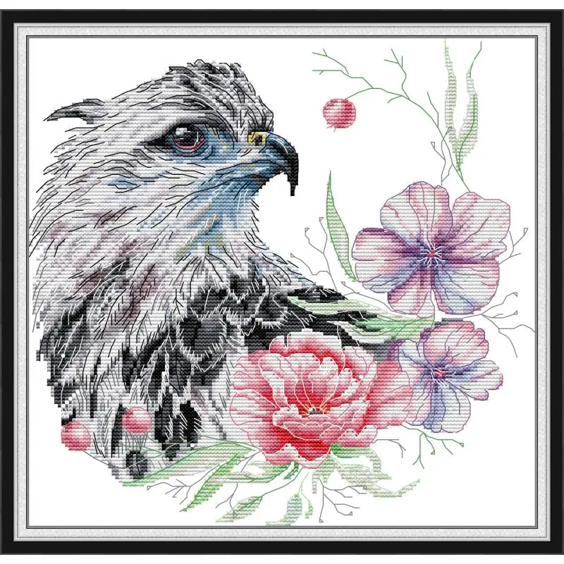 

Maydear Full Cross Stitch Kit, 11CT/14CT/16CT/9CT Aida Fabric,DMC Threads Sewing Pattern Embroidery Set-Eagle and flowers