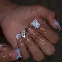 24pcs Short Duckbill False Nails Wearable Blue French Fake Nails Star Flash Rhinestones Decor Gradient Y2k Nails Press on Nail