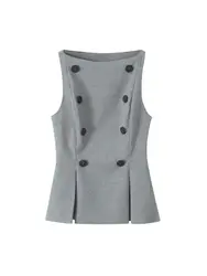 Sleeveless Tank Tops for Women, Front Buttons, Darted Hem, Boat Neck, Female Camis, Chic Fashion