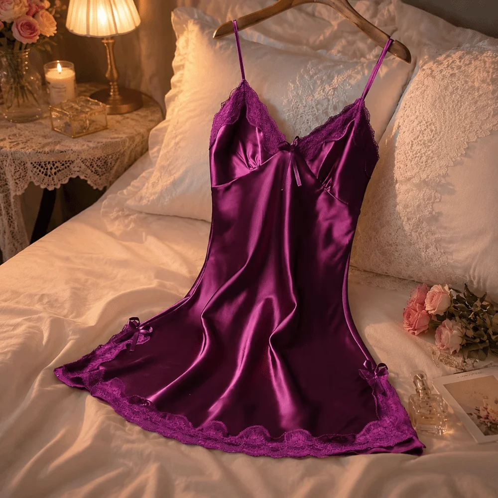 Soft Lace Sleepwear Nightdress Bowknot Sleeveless Women's Lace Nightgown Breathable Patchwork Satin Silk Nightdress Lingerie