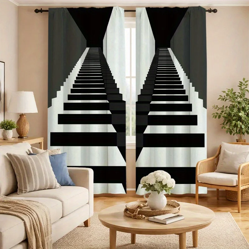 3D Black White Staircase Curtains, Geometric Optical Illusion Window Drapes, Modern Abstract Decor, Blackout Fabric for Living