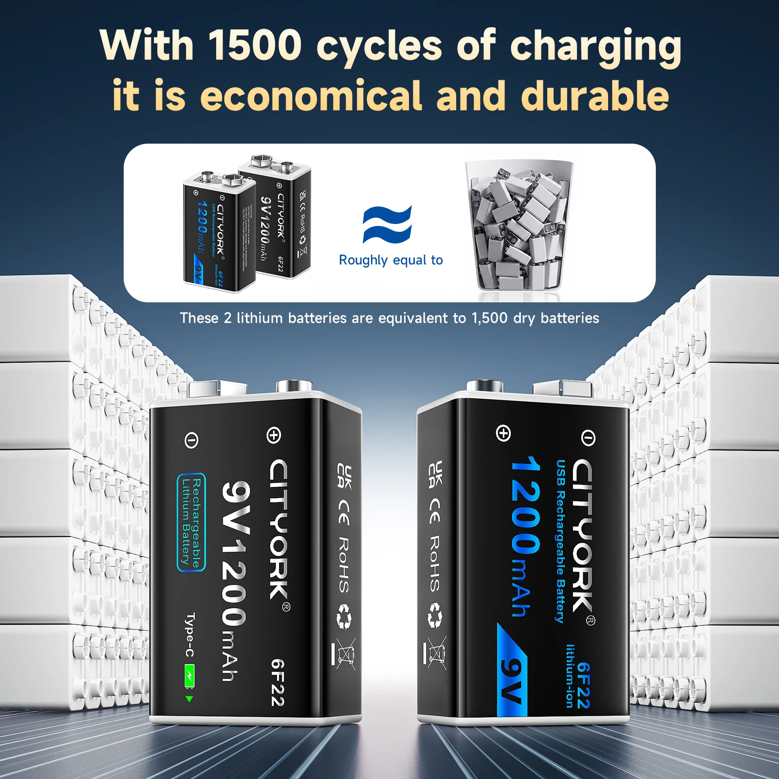 Akumulator litowo-jonowy 9V USB, ładowany przez USB-C, baterie litowe 9V do multimetru, mikrofonu, zabawki + kabel USB do ładowania — zdjęcie produktu 5