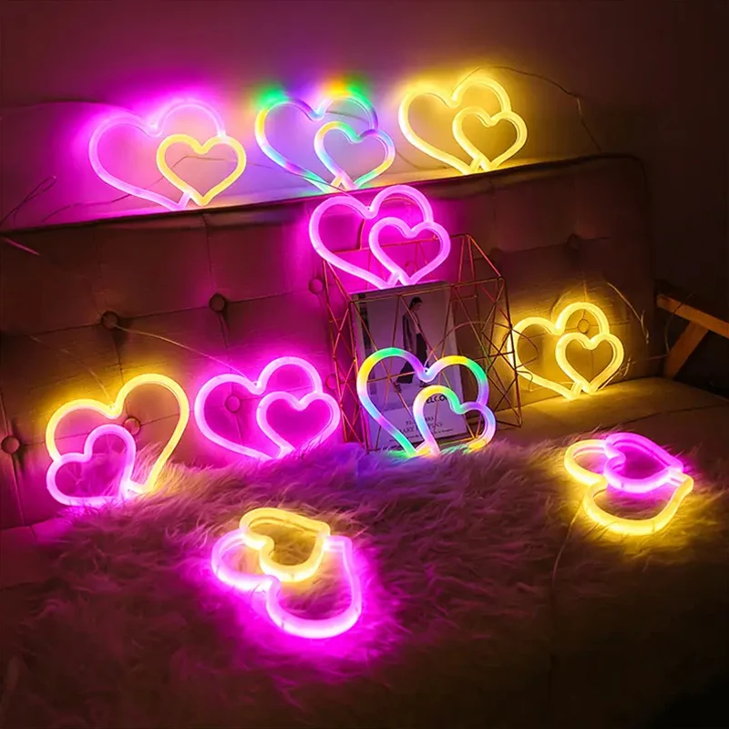 LED Neon Double Heart Shape Night Light Creative Bedroom Decoration Light, Double Sided Lighting Mini Colorful Light