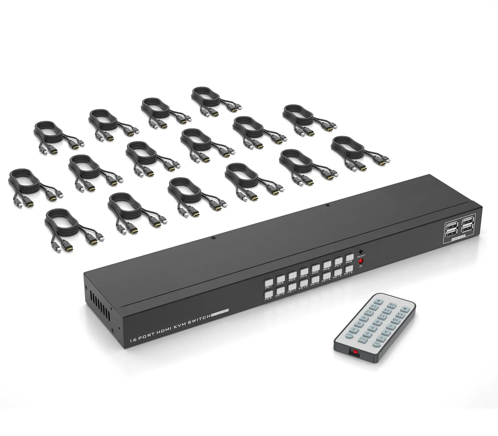 4K HDMI KVM Switch 16 Port, MT-VIKI 16x1 Rackmount KVM Console +16 Packs USB HDMI Cables, 16 In 1 Out USB HDMI Rack KVM Switcher