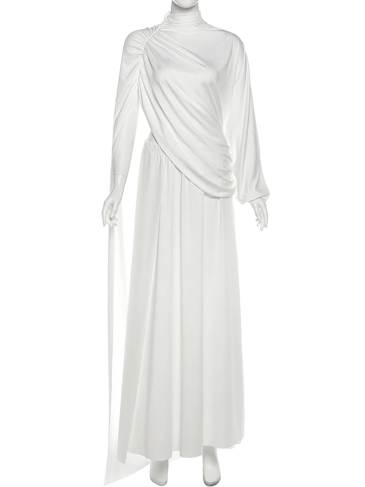 Conjunto de 2 piezas de capa de cuello alto de gato extraño para mujer, elegante dobladillo Irregular fruncido, Top de una manga + faldas largas con abertura, traje de fiesta a la moda