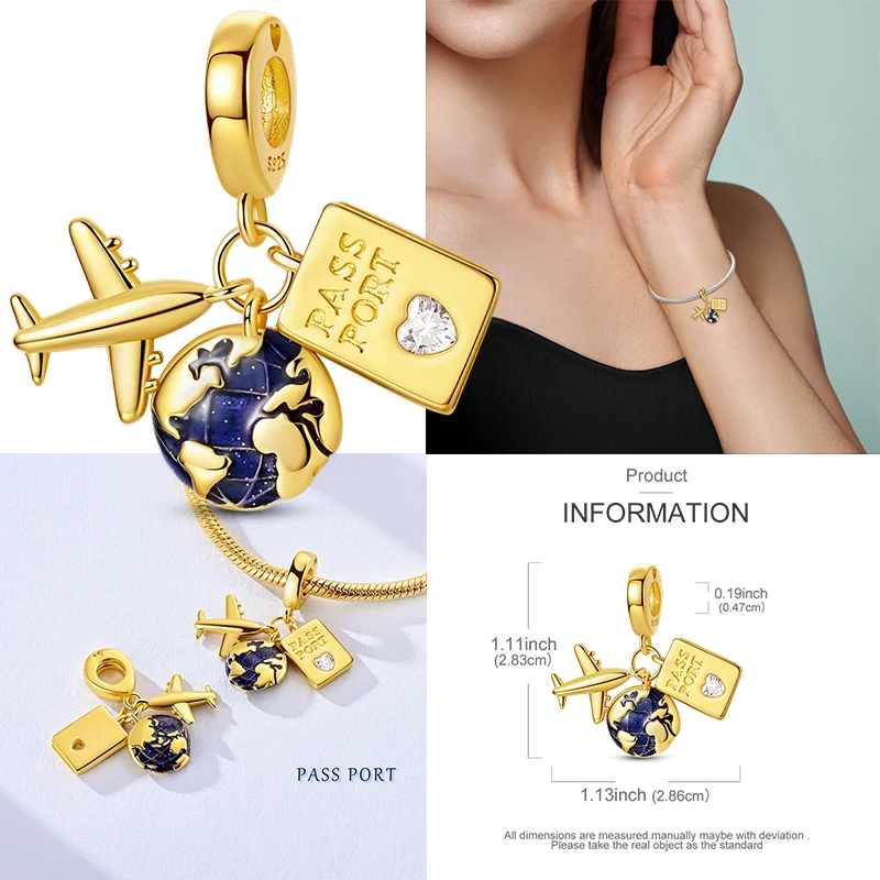 Travel Series Charms 925 Silver Plane Camera Paris Suitcase Pendants Fit Original 3mm Woman Bracelet Necklace DIY Jewelry Making