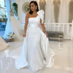 One Shoulder Strapless Detachable Train Mermaid Wedding Dresses With Bow 2023 Satin Shinning Sequined Sexy Ribbons Bridal Gown