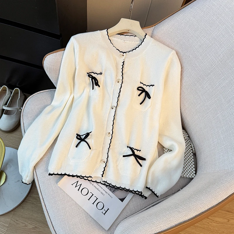 Suéter coreano elegante con lazo suave para mujer, cárdigan con cuello redondo, abrigo informal de manga larga, Tops de punto holgados y dulces para otoño