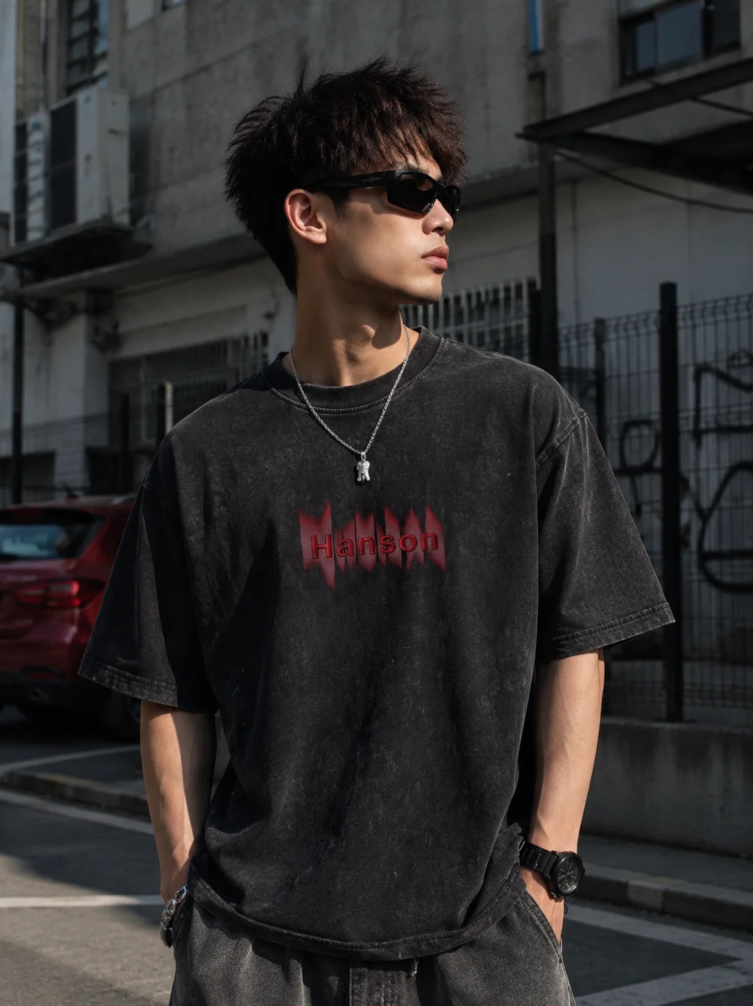 Men Washed Black Tee MikeHanson Red Embroidery Zing Logo Unisex Oversized Y2K Gothic Streetwear Short Sleeve Casual Summer Tee