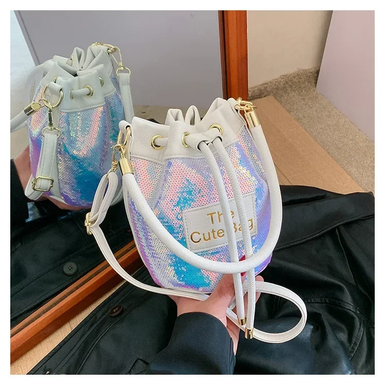 

Fashion Bucket Bags for Women Trend Sequin Personality Luxury Handbag Leather Letter String Crossbody Shoulder Bag Ladies