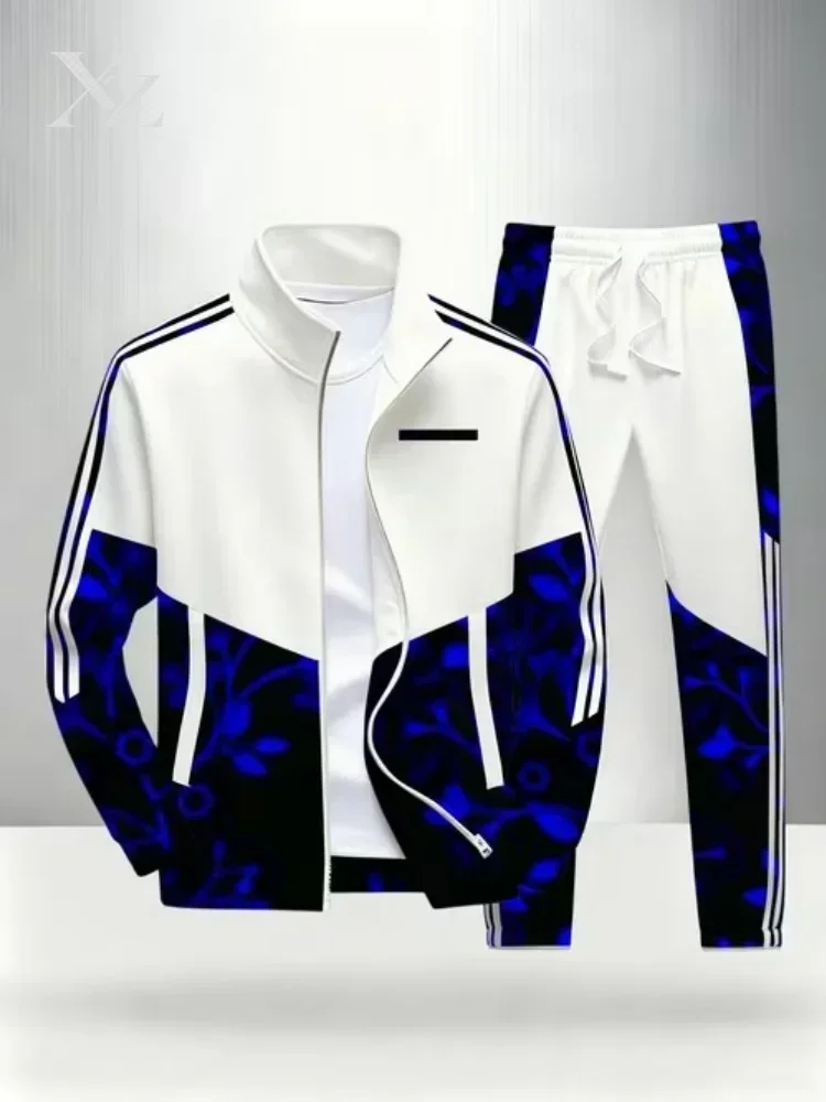 Men's 2 Piece Floral Tracksuit: Full Zip Stand Collar Long Sleeve Coat, Elastic Waist Jogger Pants, Outdoor Matching Set