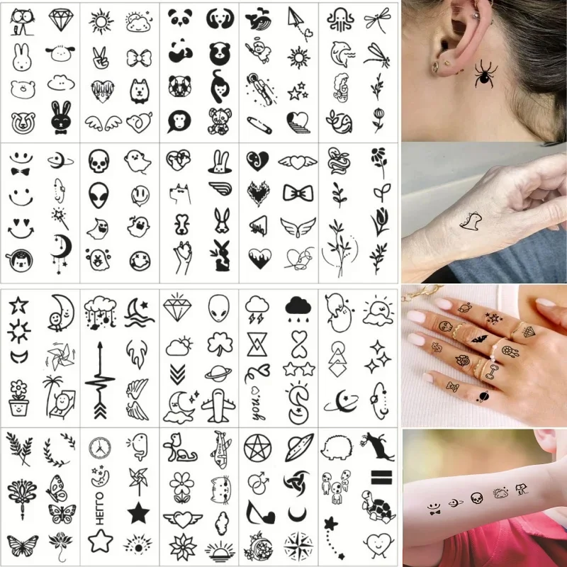 10pcs/set Tiny Fake Tattoos Aliens Panda Moon Heart Samll Flower Black Waterproof Tattoo for Kids Girls Body Boys Finger Arm