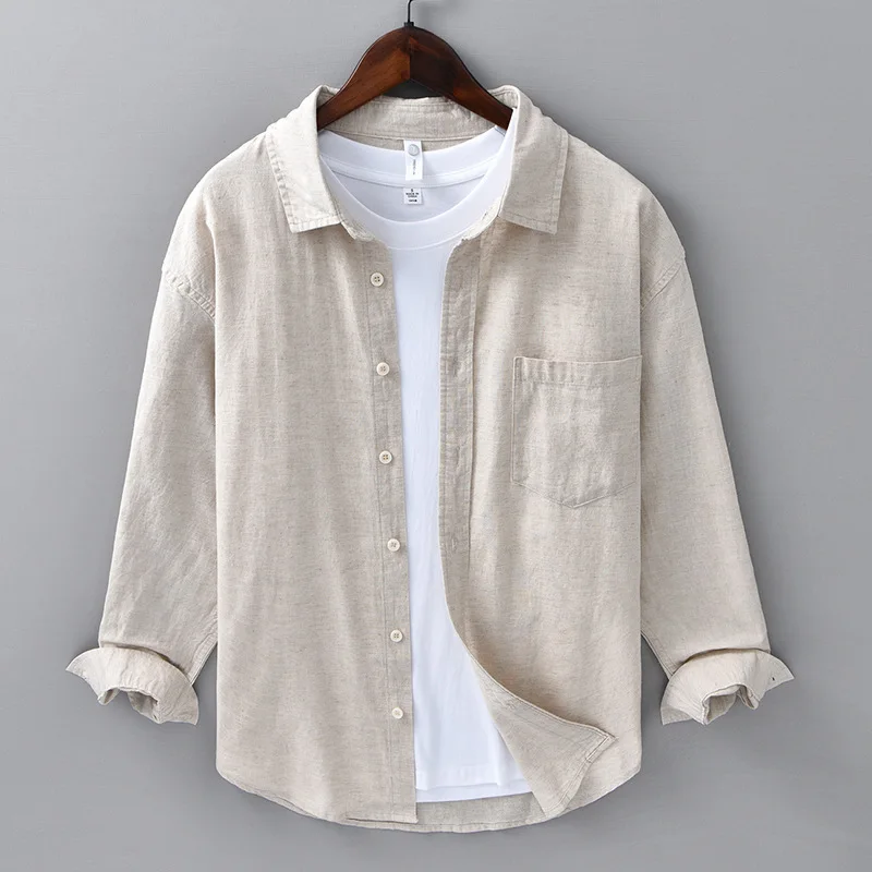Men's Long Sleeve Cotton-Linen Shirt Lightweight, Breathable, Vintage-Inspired Business Casual Shirt for Spring/Summer Fashion