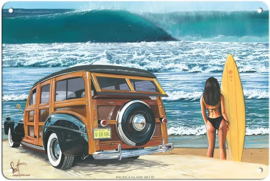 Pacifica Island Art U Go Girl - Retro Woodie Car on Beach with Surfer Girl - From an Original Color Painting by Westmorela  sign