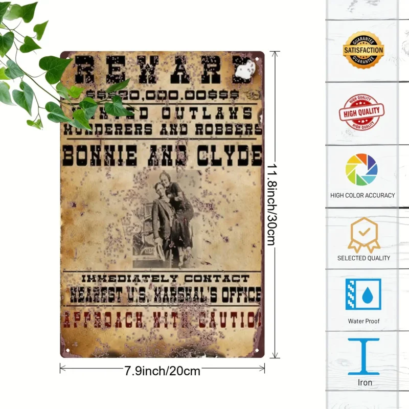 1 قطعة ملصق بوني آند كلايد العتيق - عصر الاكتئاب الرجعية تكساس الخارجين عن القانون ديكور حائط معدني، ألومنيوم شديد التحمل