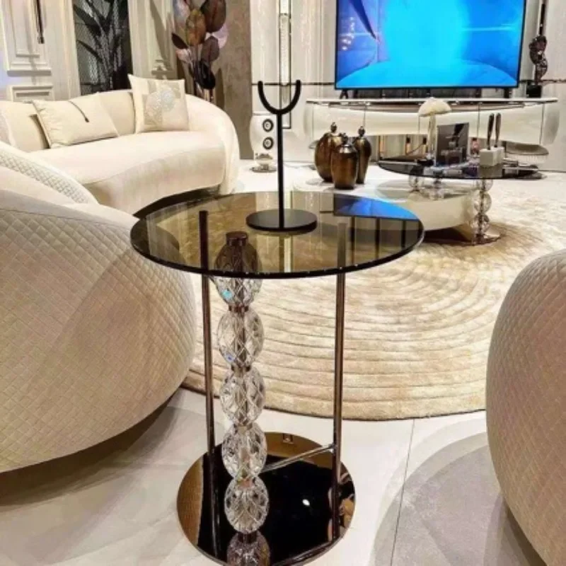 Light luxury round coffee table stainless steel tempered glass living room sofa side table