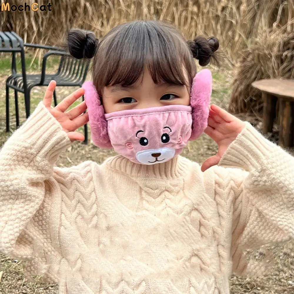 Creative Fleece Children Earmuffs Mask Thermal Dustproof Earflap Wrap Mask Cartoon Bear Winter Mask Student