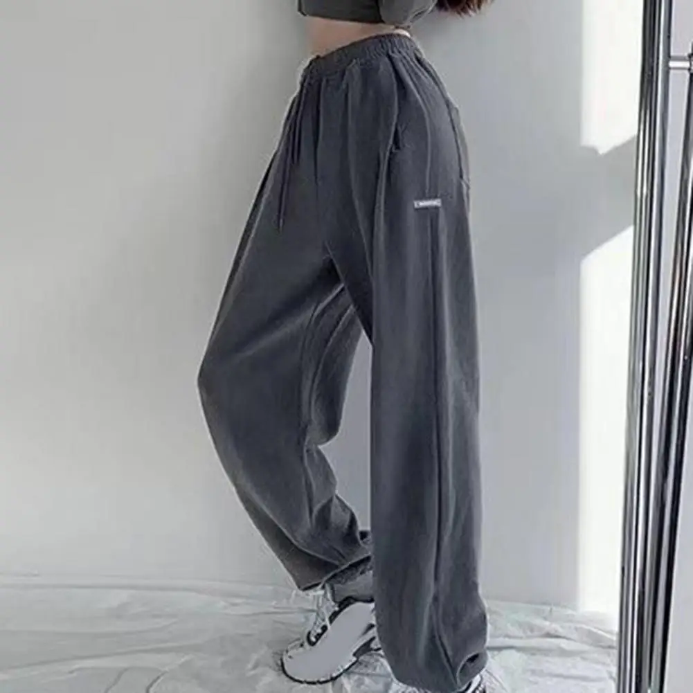 Cintura elástica Cordão Bolsos Tornozelo Banded Mulheres Sweatpants Outono Inverno Reta Perna Larga Cintura Alta Jogger Calças