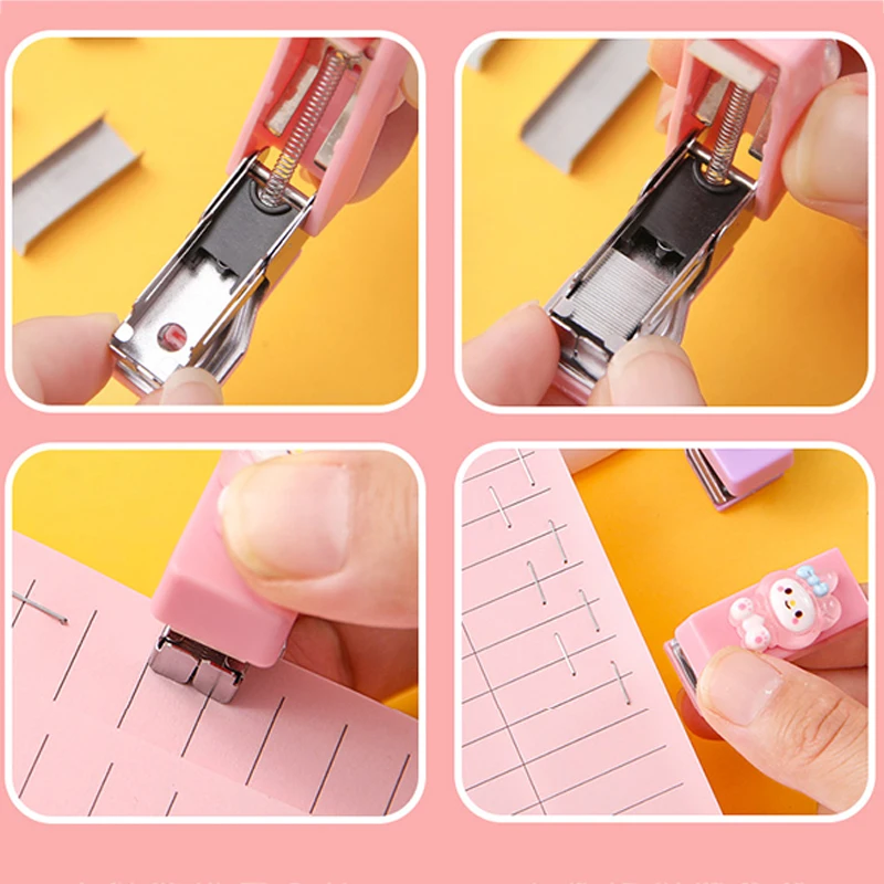 Portable Mini Stapler With 1 Box Stitching Needle Cartoon Cute School Supplies For Students Girls Solid Color Stapler Accessory